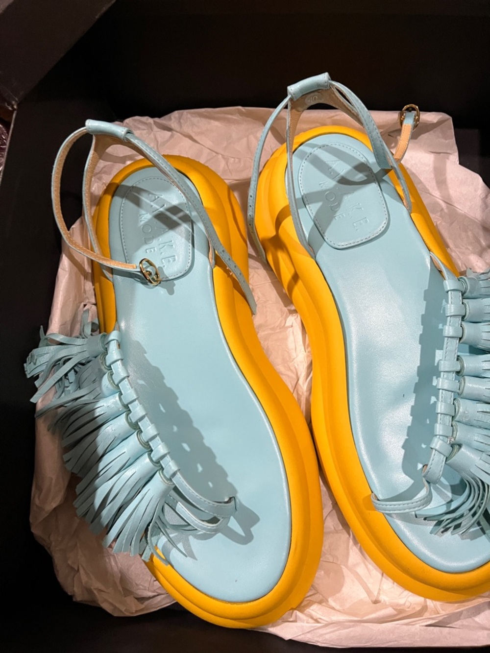 Awake Mode Light Blue Fringe Slingback Sandals with Yellow Sole